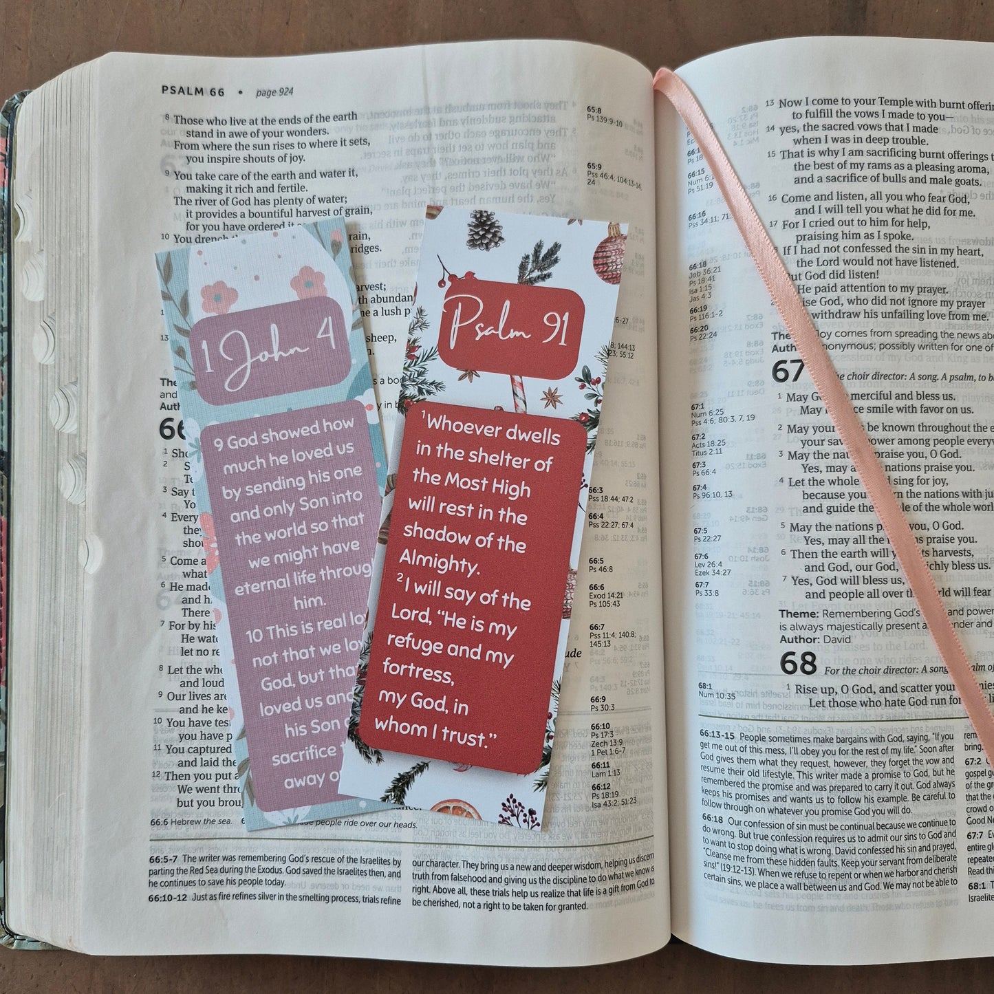 Two scripture bookmarks featuring Psalm 91 and 1 John 4