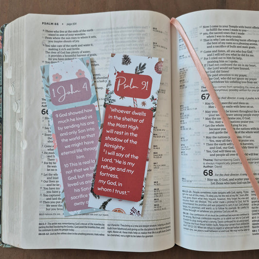 Two scripture bookmarks featuring Psalm 91 and 1 John 4